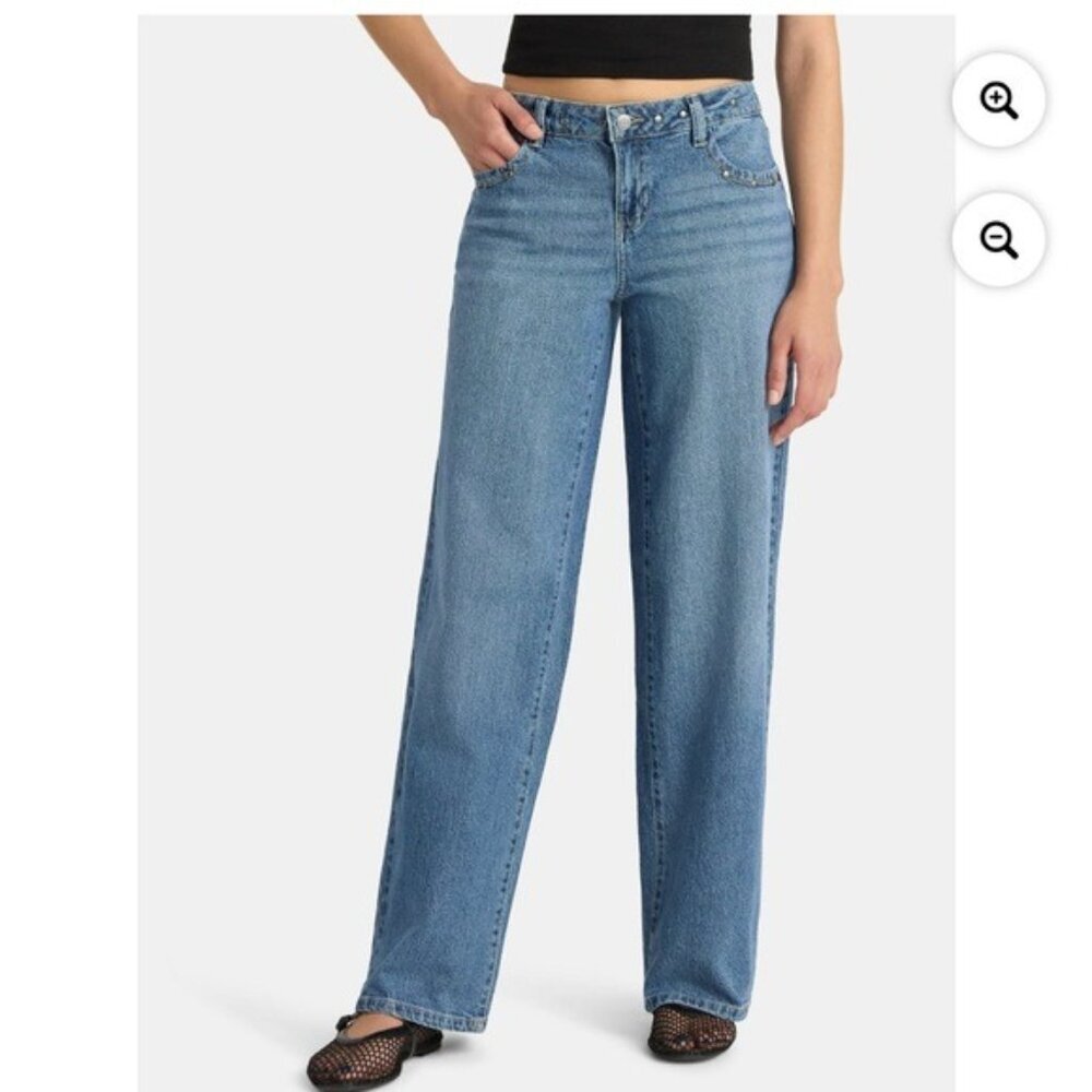No Boundaries Y2K Mid Rise Baggy Wide Leg Jeans Studded Size 00 NWT - Picture 14 of 15